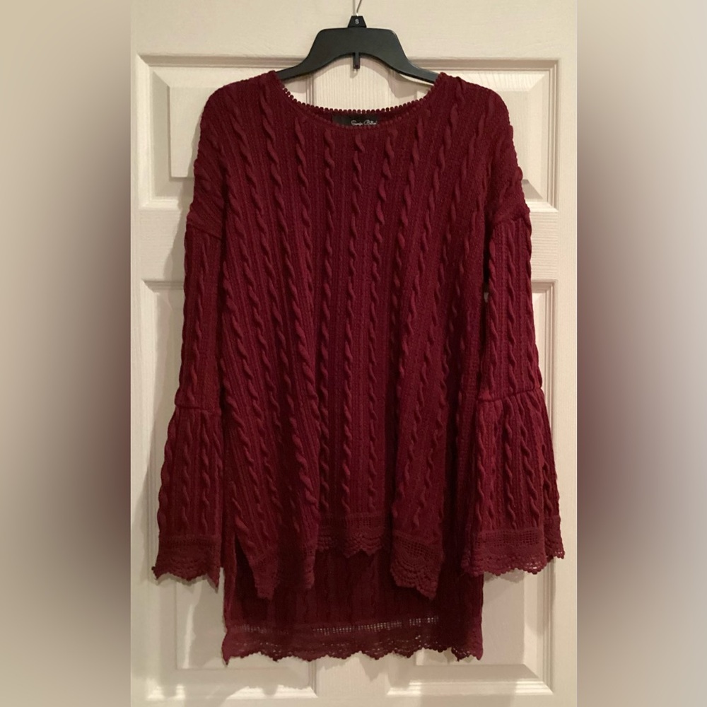 Women’s Sonja Betro Burgundy Cable Knit Lace Accent Bell Sleeve Sweater size S